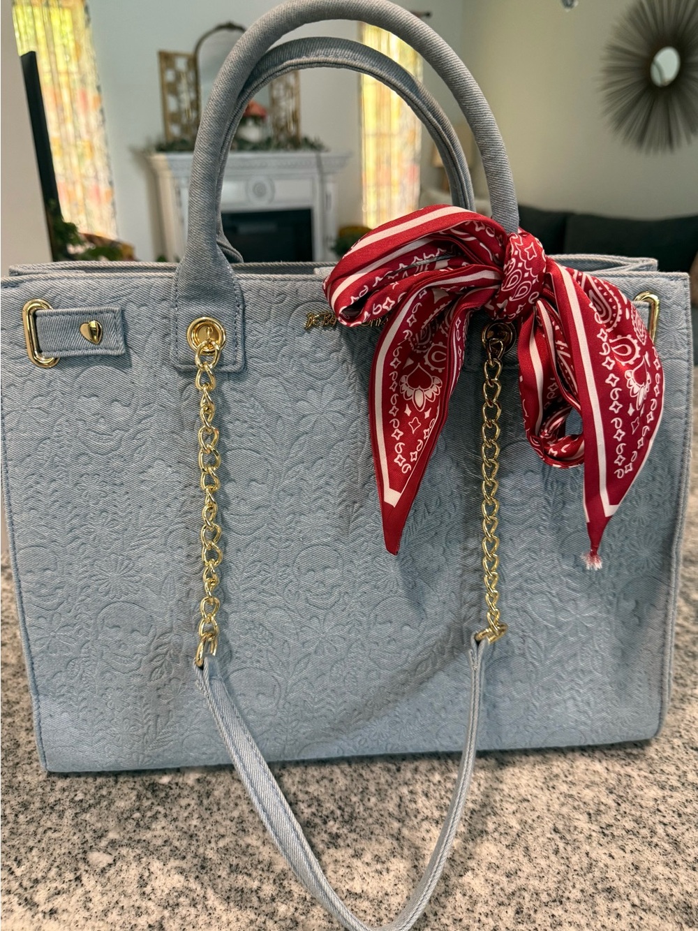 Betsey Johnson Light Denim skull Quilted Handbag with Red Scarf Accent